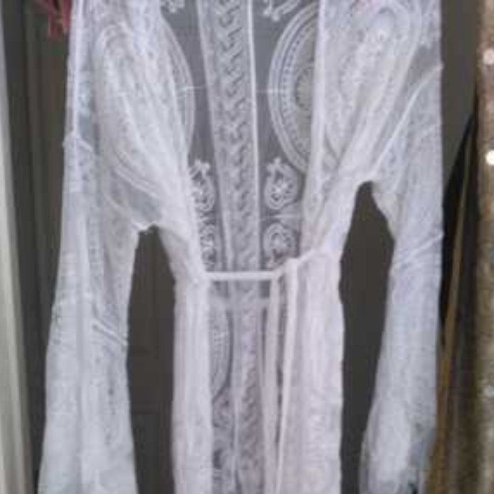 Boho Sheer Mesh Flounce Sleeve Belted Kimono - Picture 12 of 12